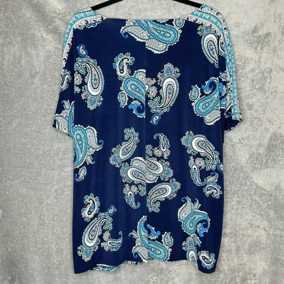 JM Collection XL Shirt Top Blue Paisley Short Sleeve Round Neck Stretch Casual - Picture 4 of 7